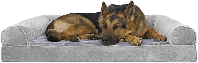Furhaven Orthopedic Dog Bed for Large Dogs w/ Removable Bolsters & Washable Cover, For Dogs Up to 95 lbs - Faux Fur & Velvet Sofa - Smoke Gray, Jumbo/XL-Mewly Pet