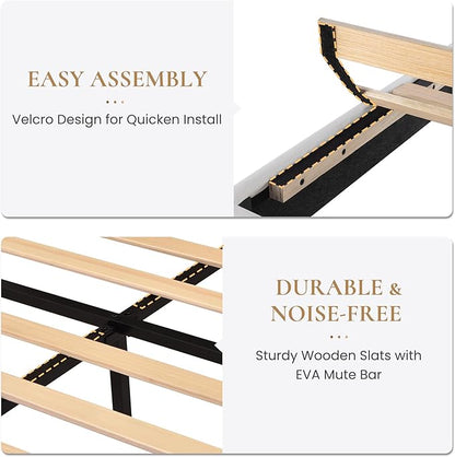 SHA CERLIN King Platform Bed Frame with Velvet Upholstered Headboard, Mattress Foundation with Strong Wooden Slats Support, No Box Spring Needed, White