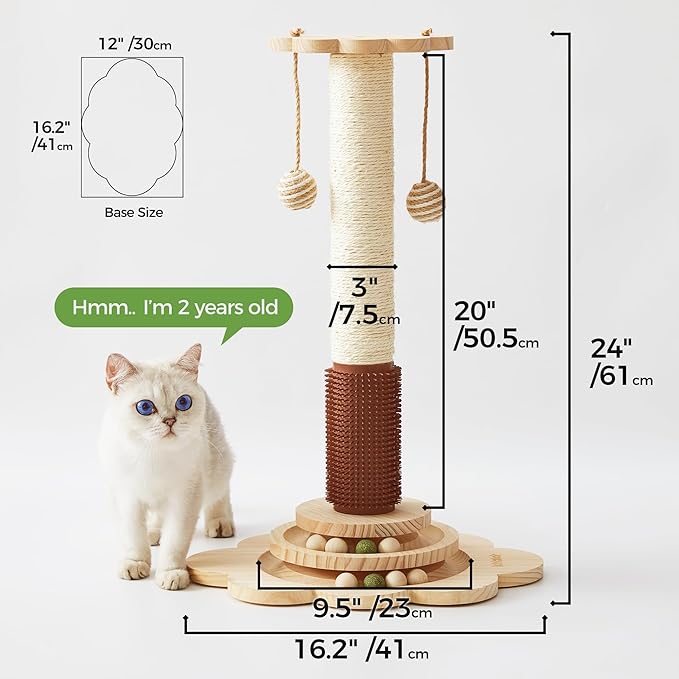 Cat Sisal Scratching Post, 4 in 1 Wooden Cat Scratcher Toy with Groomer, 24" Tall Scratch Post with 2-Layer Interactive Track Balls, Cat Climbing Tree with 2 Hanging Balls for Kittens-Mewly Pet