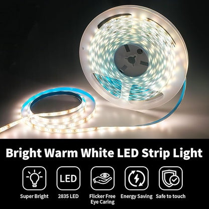 iNextStation 32.8ft/10M Warm White LED Strip Light, 24V 2835 SMD 600 LEDs Flexible Cuttable Waterproof LED Tape Light for Bedroom Kitchen Cabinet Wardrobe TV (Power Adapter not Included)