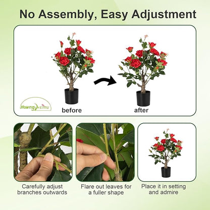 Artificial Rose Flower Trees 2 Pack- 24’’ Lifelike Plant in Pot with Red Flowers Decorative Rose Trees for Home, Office, Wedding, and Event Decor, Red