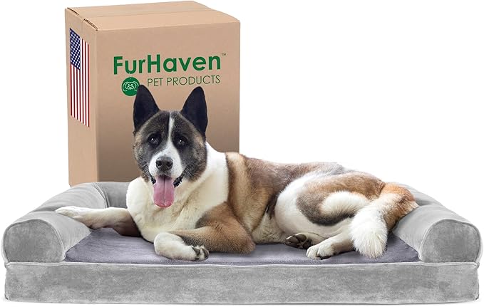 Furhaven Cooling Gel Dog Bed for Large Dogs w/ Removable Bolsters & Washable Cover, For Dogs Up to 95 lbs - Faux Fur & Velvet Sofa - Smoke Gray, Jumbo/XL-Mewly Pet