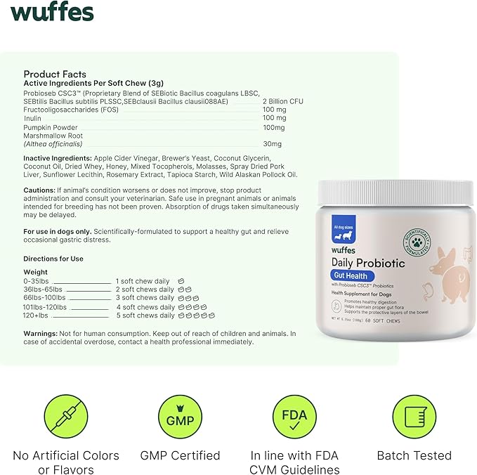 Wuffes Daily Probiotic for Dogs - Supports Digestive Health, Gut Balance, and Immune System - with Prebiotics, Marshmallow Root, and Pumpkin Powder (120 Chews (Pack of 2))-Mewly Pet