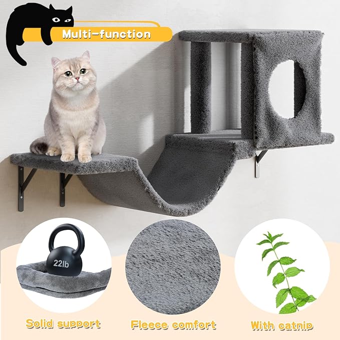 NUNU LAB Wall Mounted Cat Furniture, 6 Pcs Cat Wall Shelves with Condo House, Bridge, Steps, Scratcher, Hammock, Indoor Safe & Stable Furniture for Kittens Play, Dark Gray-Mewly Pet
