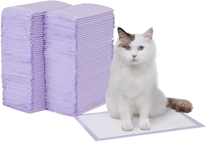 Amazon Basics Cat Pee Pads, 100 Count, Universal Fit for Litter Box, Odor Control with Fresh Scent, White/Purple-Mewly Pet