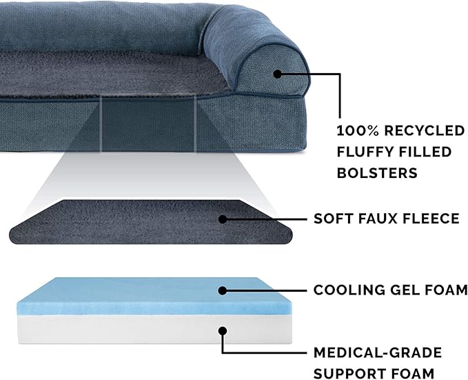 Furhaven Cooling Gel Dog Bed for Large Dogs w/ Removable Bolsters & Washable Cover, For Dogs Up to 125 lbs - Sherpa & Chenille Sofa - Orion Blue, Jumbo Plus/XXL-Mewly Pet