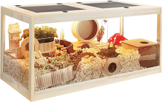 Prolee Hamster Habitat Chewproof,Wooden Hamster Cage with Openable Metal Mesh Top,Gerbil Cage with Lock Design for Hamster House (32"x16"x16")-Mewly Pet