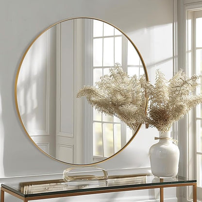 ANDY STAR Gold Round Mirror, Brushed Gold Round Bathroom Mirror, Brass Circle Mirror 32 inch, Modern Vanity Mirror in Stainless Steel Metal Frame for Home Decor, Entryway, Living Room