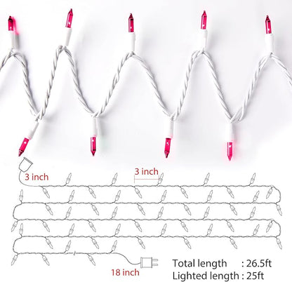 Christmas Pink Mini String Lights - 100 Count 25 Feet Detachable Incandescent Bulb Waterproof Fairy Lights Plug in for Indoor Outdoor Party Patio Xmas Tree Valentine's Day Decoration, White Wire