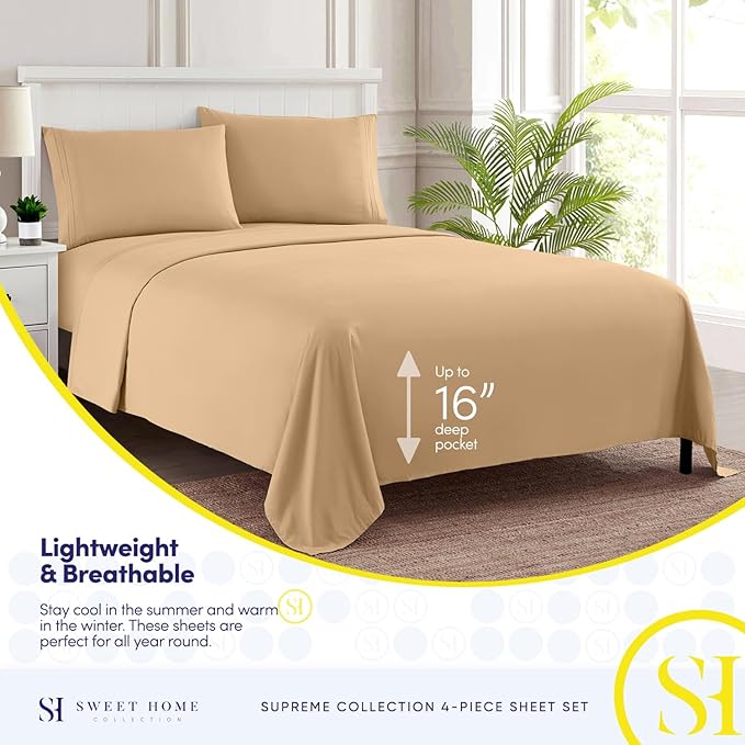 Queen Size Bed Sheets - Breathable Luxury Sheets with Full Elastic & Secure Corner Straps Built In - 1800 Supreme Collection Extra Soft Deep Pocket Bedding Set, Sheet Set, Queen, Camel