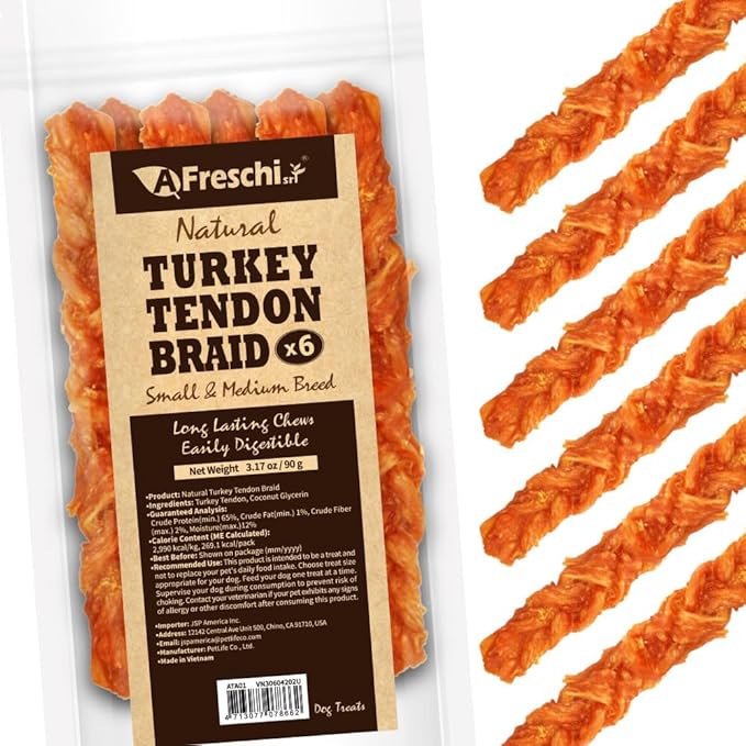 Afreschi Turkey Tendon Braid (M) 3.17 oz, USA-Sourced Turkey Tendon, All Natural Human Grade Dog Chew, Hypoallergenic, Rawhide Alternative, Dog Treats for Small & Medium Breeds-Mewly Pet