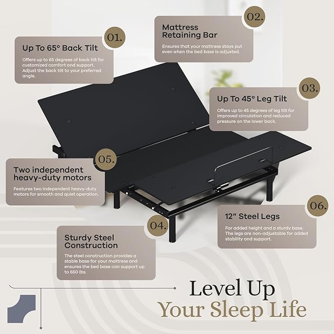 Sven and Son Essential Adjustable Bed Base (Frame) + 12 inch Memory Foam Matt (Medium), Easy Assembly, Head and Foot Lift, Memory Positions, Zero Gravity, Wireless Remote - Queen