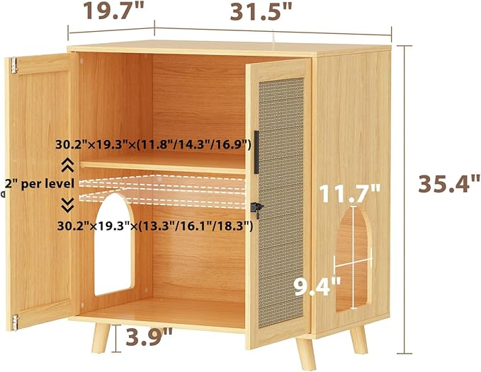 Lovinouse Large Cat Litter Box Enclosure,Hidden Kitty Litter Furniture with Sisal Covered Doors,2-Layer Wooden Cat Washroom Cabinet w/Adjustable Shelf,Side Table for Living Room,Natural-Mewly Pet