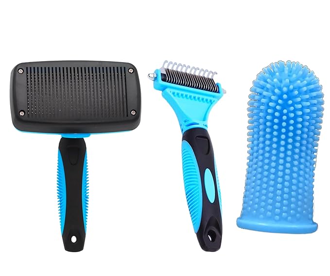 3-in 1 Dog & Cat Grooming Supplies- Self-cleaning Slicker Brush, Deshedding Rake Comb, And Finger Toothbrush For Dogs & Cats | Perfect For Pet Grooming Kit, Dematting And Dental Tool (blue)-Mewly Pet
