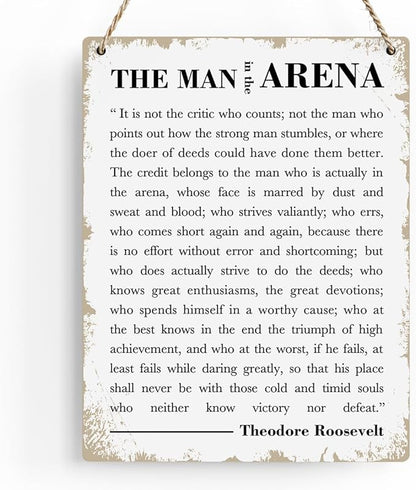 Motivational Wood Wall Art Inspirational The Man in The Arena Theodore Roosevelt Quote Hanging Sign Speech Quotes Plaque Signs Farmhouse Home Office Wall Decor Gift for Men 8x10 Inches