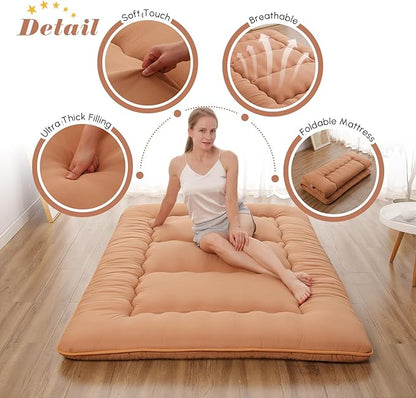 Japanese Floor Mattress, Futon Mattress with Portable Storage Bag and Washable Cover, Roll Up Thick Tatami Mat Suitable for Camping, Guest Room, Light Coffee, Full