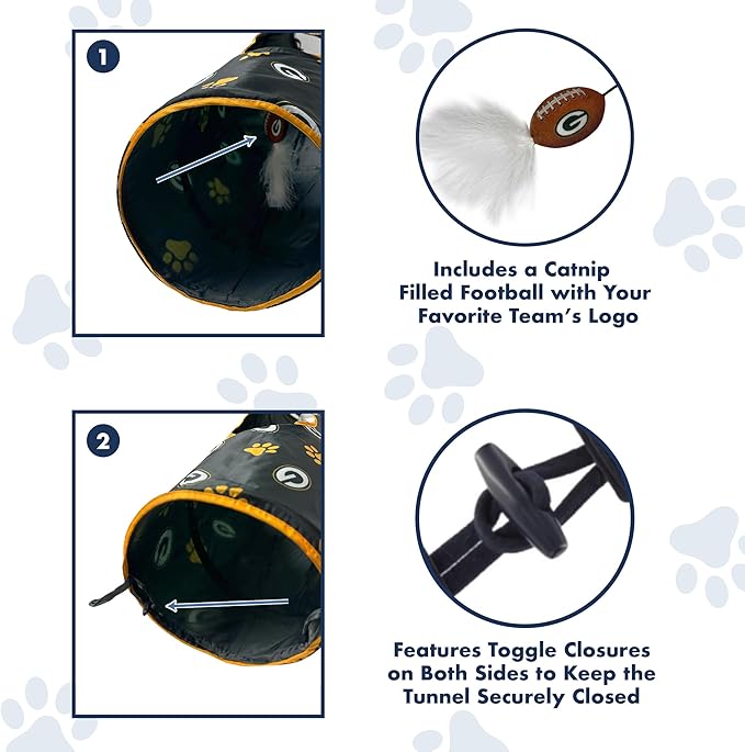 NFL Green Bay Packers Cat Tunnel Tube Toy with Plush Football Catnip and Feathers Collapsible Tunnel for Cats to Play, Peek and Hide, Sporty & Fun Cat Tunnel Toy with Team Logo All-Over Design!-Mewly Pet