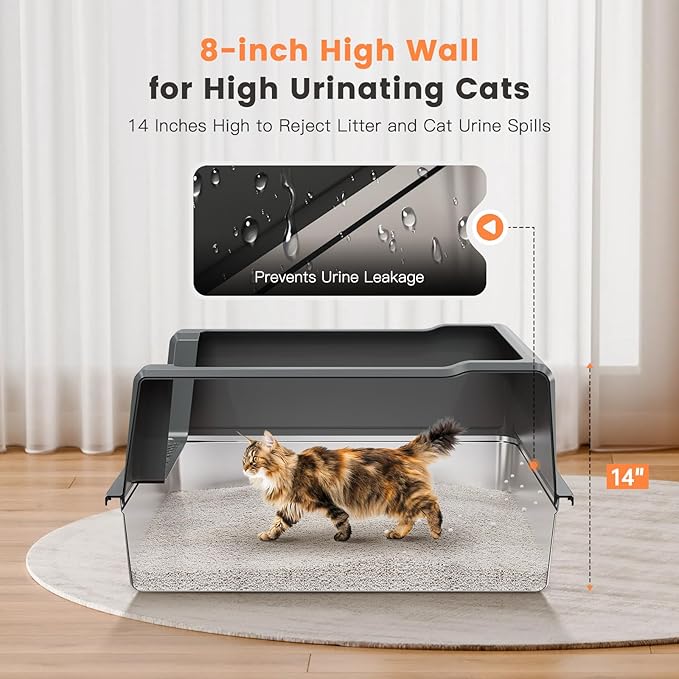 XXL Stainless Steel Cat Litter Box with High Sided, 27.6" L x 20" W x 14" H Extra Large Litter Box for Big Cats and Multiple Cats, Enclosure Cat Litter Pan with Anti-Urine Leakage, Easy Clean-Mewly Pet