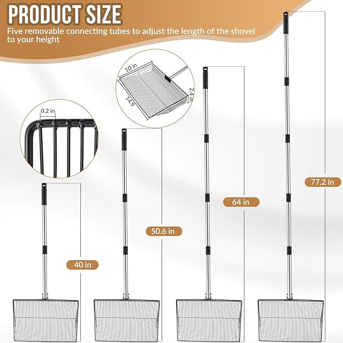 SlowTon 15-inch Large Chicken Poop Scooper - 5 in 1 Multifunctional Chicken Litter Scoop with 40 to 77in Stainless Steel Handle, Heavy Duty Chicken Coop Cleaning Tool Litter Sifting Shovel-Mewly Pet