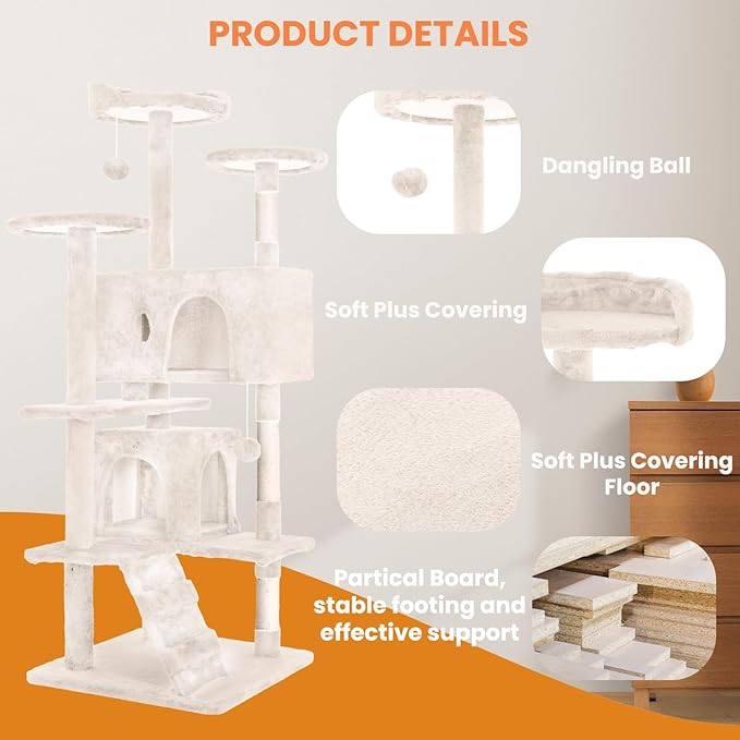 54.7 inches Cat Tower for Indoor Cats, Multi-Level Cat Condos with Scratching Posts, Hanging Toys, Beige-Mewly Pet