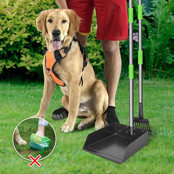 TOOGE Larger Pooper Scooper for Large Dogs, Dog Pooper Scooper Long Handle Stainless Metal Tray and Rake Set for Large Medium Small Dogs Heavy Duty (Green) (Extra Large)-Mewly Pet