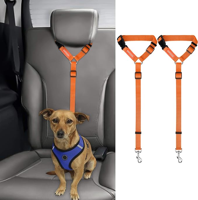 BWOGUE 2 Packs Dog Cat Safety Seat Belt Strap Car Headrest Restraint Adjustable Nylon Fabric Dog Restraints Vehicle Seatbelts Harness Orange-Mewly Pet