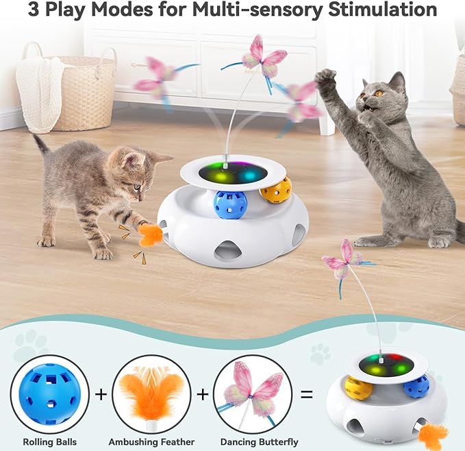 3in1 Interactive Cat Toys Moving Ambush Feather, Spinning Butterfly, Track Balls, Rechargeable Automatic Activated Kitten Toys for Indoor Cats, Cat Feather Toy for All Breeds-Mewly Pet