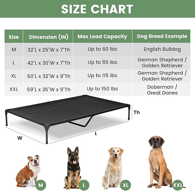 Elevated Dog Bed for Outdoor, Large Raised Dog Cot with Washable Mesh, Cooling Pet Cot Chew Proof for Outside Camping, 42"x30" Grey-Mewly Pet