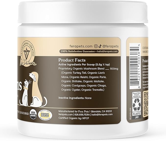 Fera Pets Mushroom Supplement for Dogs & Cats with Turkey Tail - USDA Organic - Cognitive and Immune Support - Enhances Liver Function - Supports a Healthy Gut - Powder - 120 Scoops-Mewly Pet