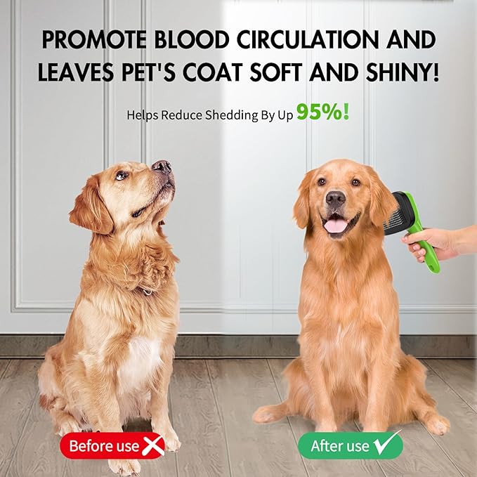 Dog Self Cleaning Slicker Brush for Shedding, Ideal for Short Long Haired Dogs, Including Cat. Removes Loose Fur, Undercoat, Mats, Tangled Hair. Suit for Large Medium Small Animal, Green-Mewly Pet