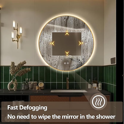 Niccy Round Led Mirror for Bathroom, 30" Backlit Mirror for Wall Circle Lighted Mirror with Gold Frame Anti-Fog, 3 Colors, HD Glass and IP65 Waterproof