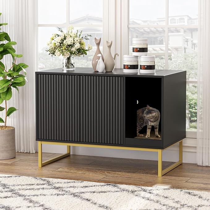 Cat Litter Box Enclosure, Fluted Hidden Litter Box Furniture with Scratch Pad and Metal Legs, Modern Enclosed Cat Cabinet, 31.5 x 17.7 x 21.7 Inches Indoor Pet House for Living Room, Washroom, Black-Mewly Pet
