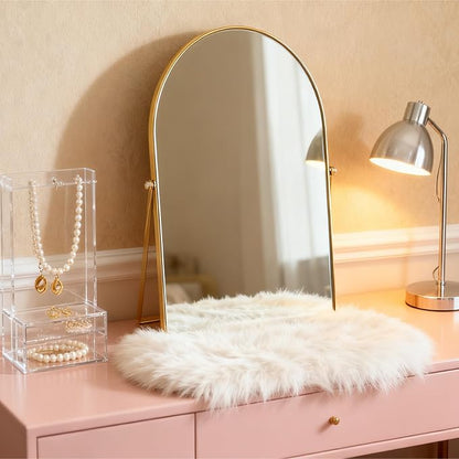 Golden Metal Mirror Vanity Table Desk Arch Makeup Bathroom Mirror Rotation Framed Standing Mirrors 90°Adjustable Room Decor for Living Room,Bedroom,Tabletop