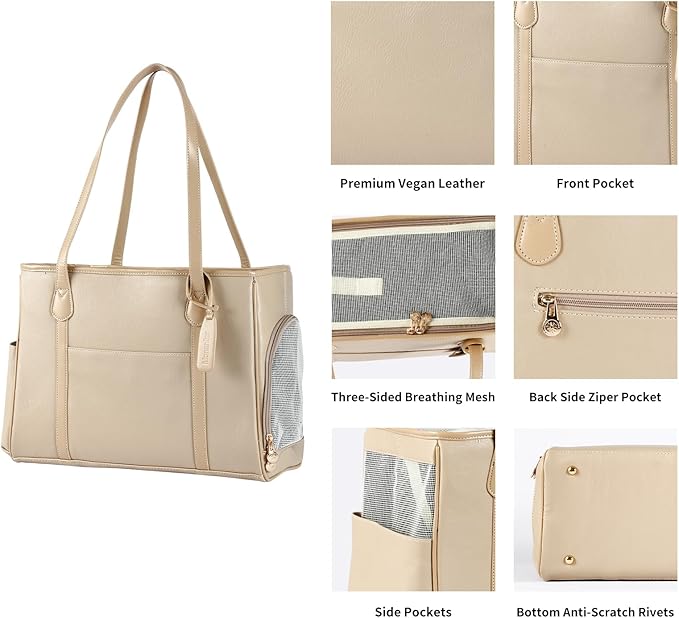 Stylish Dog Purse Carrier, Leather Pet Carrier Bag for Small Dogs Cats Puppy, Airline Approved Soft-Sided Carrier Ivory-Mewly Pet