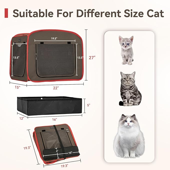 Petsfit Portable Cat Crate with Litter Box and Soft Cushion, Collapsible Pop Up Cat Kennel with Carrying Bag for Travel-Mewly Pet