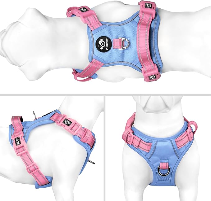 PHOEPET No Pull Dog Harness, Unique Colors Reflective Adjustable Dog Vest, with Soft Training Handle Metal Clips for Small Medium Large Dogs (Baby Blue Base & Pink Straps,XL)-Mewly Pet