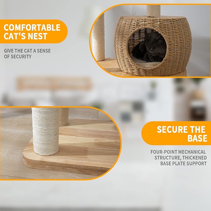 59" Big Modern Cat Tree Tower, Cat Tower Sisal-Covered Scratching Posts for Indoor Cats, Oak Wood Cat Tree for Large Cats, Multi-Level Cat Condo with Space Capsule Nest, Cat Furniture Activity Centre-Mewly Pet