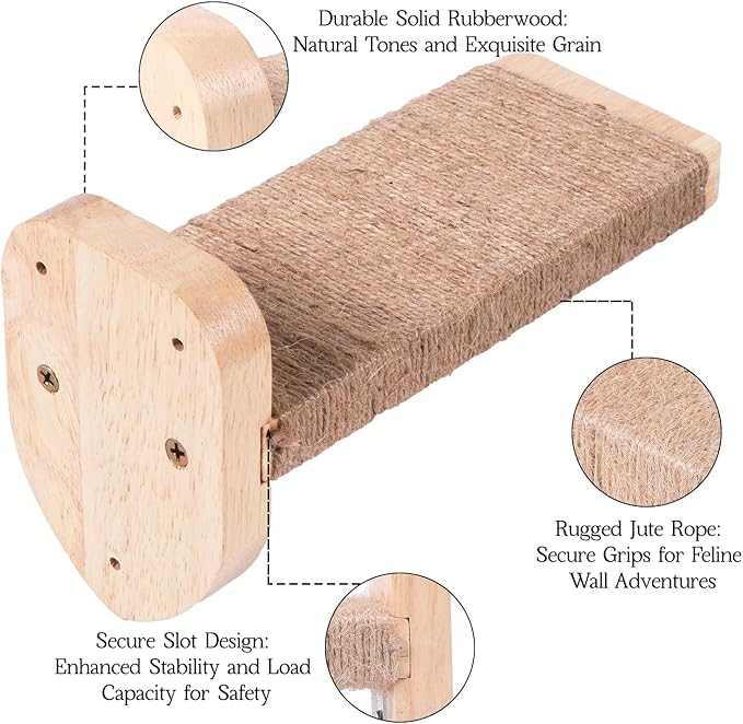 3pcs Cat Wall Steps, Climbing Mounted Furniture, Shelves With Hemp Rope Covered, Solid Wood Ladder for Playing and Climbing (Large-Wood)-Mewly Pet