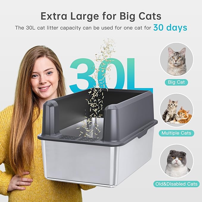 Stainless Steel Litter Box with Lid, 14” XL Stainless Steel Cat Litter Box Enclosure, Extra Large Metal Cat Box, Non-Sticky, Anti Leakage, Easy Cleaning Litter Pan, Include Scoop (Gray)-Mewly Pet