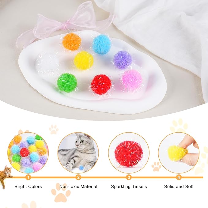 DF DUALFERV 60 Pcs Cat Pom Pom Balls, Interactive Cat Toys, Sparkle Balls for Cats, Extra Large and Fuzzy for Exercise and Entertainment, Multicolor, 1.5 Inch-Mewly Pet
