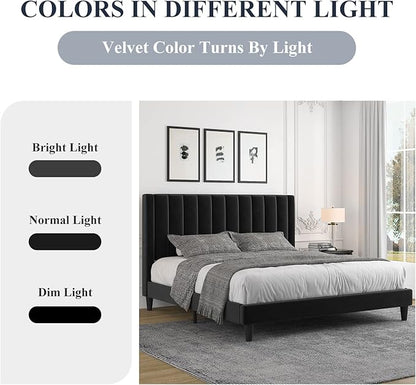 Allewie Queen Bed Frame/Velvet Upholstered Bed Frame with Vertical Channel Tufted Headboard/Strong Wooden Slats/Platform Bed Frame/Mattress Foundation/Box Spring Optional/Easy Assembly/Black
