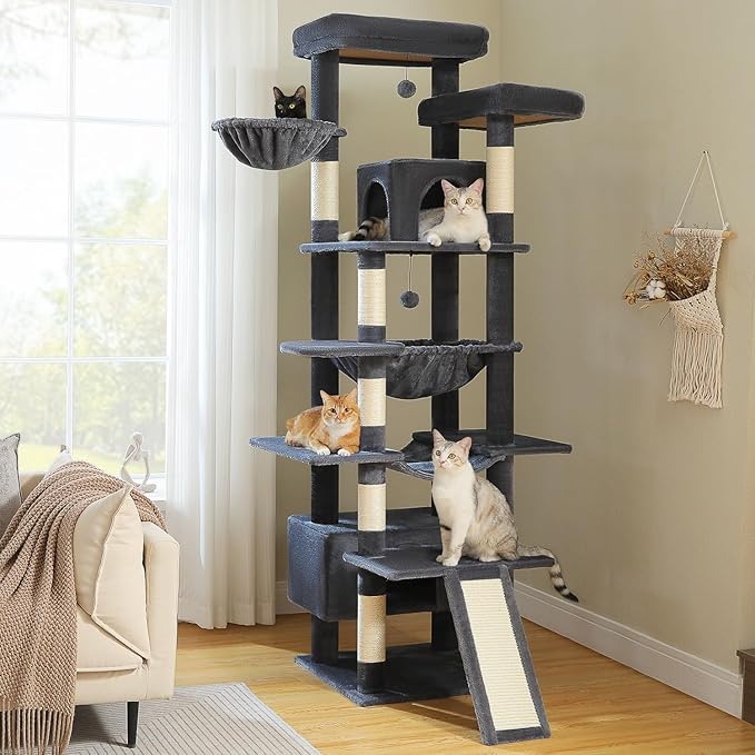 81 Inch Tall Cat Tree for Big Cats & Multi-Cat Homes, Large Heavy Duty Cat Tower with Metal Frame Hammock, 6 Scratching Posts, 2 Condos, 2 Perches, Scratching Pad - Dark Grey-Mewly Pet