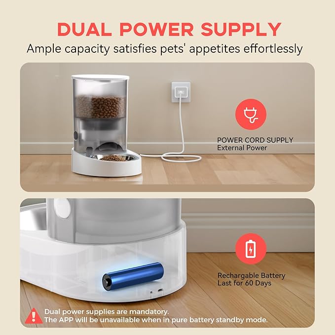 PAPIFEED Automatic Cat Feeder, 4L Auto Dog Cat Feeder with Rechargeable Battery & Dual-Band WiFi (2.4G & 5G), Automatic Pet Food Dispenser for Outdoor Travel Home - Ceramic Bowl Included-Mewly Pet