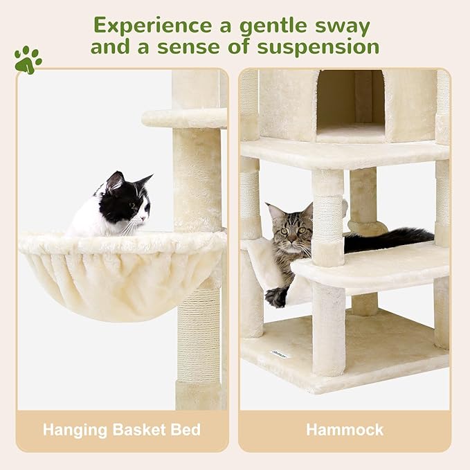 Globlazer Corner Cat Tree for Large Cats, 66inch Tall Curved Series Large Cat Tower for Multiple Indoor Cats with 6 Scratching Posts, 2 Spacious Cat Condos, Hammock, Hanging Basket, C66, Beige-Mewly Pet