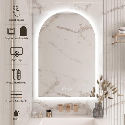 Niccy Arched LED Bathroom Mirror, 48x30 Inch Arch Frameless Backlit Mirrors for Wall Arched Lighted Vanity Mirrors Defogger and 3 Color, Explosion-Proof, HD Glass and IP65 Waterproof