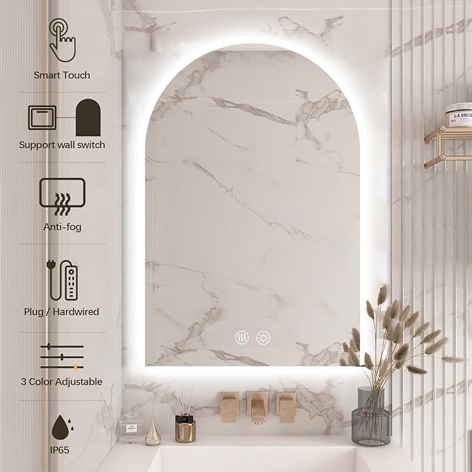 Niccy Arched LED Bathroom Mirror, 40x30 Inch Arch Frameless Backlit Mirrors for Wall Arched Lighted Vanity Mirrors Defogger and 3 Color, Explosion-Proof, HD Glass and IP65 Waterproof