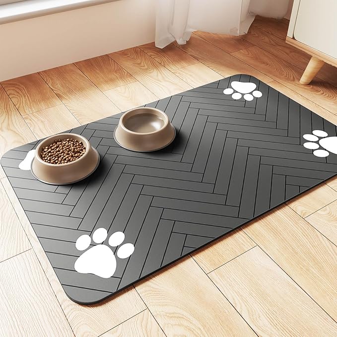 Pet Feeding Mat-Absorbent Pet Placemat for Food and Water Bowl, with Waterproof Rubber Backing, Quick Dry Water Dispenser Mat for Dog and Cat (12"x20", Striped Dark Gray)-Mewly Pet