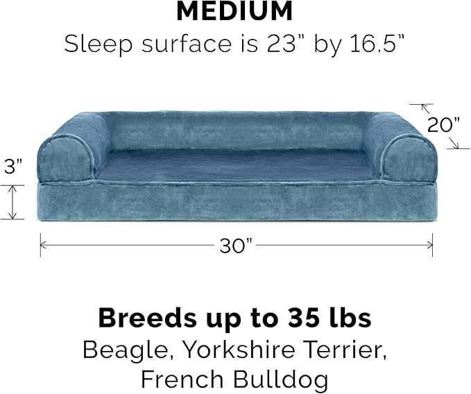 Furhaven Cooling Gel Dog Bed for Medium/Small Dogs w/ Removable Bolsters & Washable Cover, For Dogs Up to 35 lbs - Faux Fur & Velvet Sofa - Harbor Blue, Medium-Mewly Pet