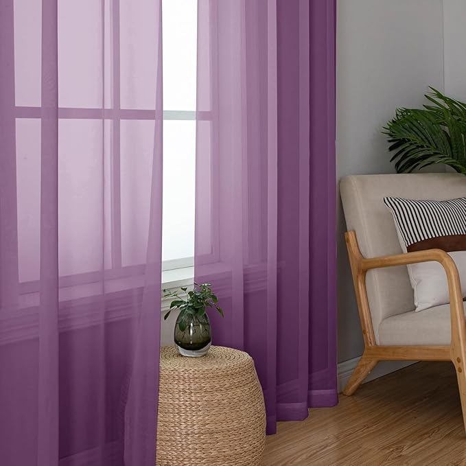 Aiyufeng Plum Purple Sheer Curtains 72 Inches Long 2 Panels Set, Solid Voile Top Dual Rod Pockets Stylish Breathable Drapes Window Treatment for Kid's Room/Bedroom/Living Room, 42W x 72L inches