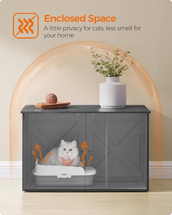 Feandrea Cat Litter Box Enclosure, Litter Box Furniture Hidden with Removable Divider, Indoor Cat House, End Table, 31.5 x 20.9 x 19.7 Inches, Ink Black UPCL002B01-Mewly Pet